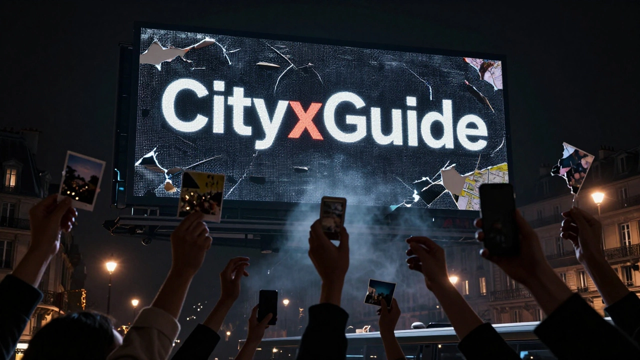 Fractured hands reaching from shadowy cityscape beneath crumbling CityxGuide billboard.